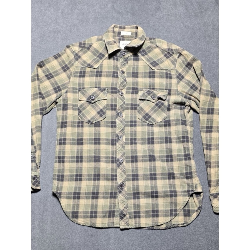 Fossil Men's Size M Shirt 100% Cotton Plaid Long Sleeve‎ Collared Flannel Pocket